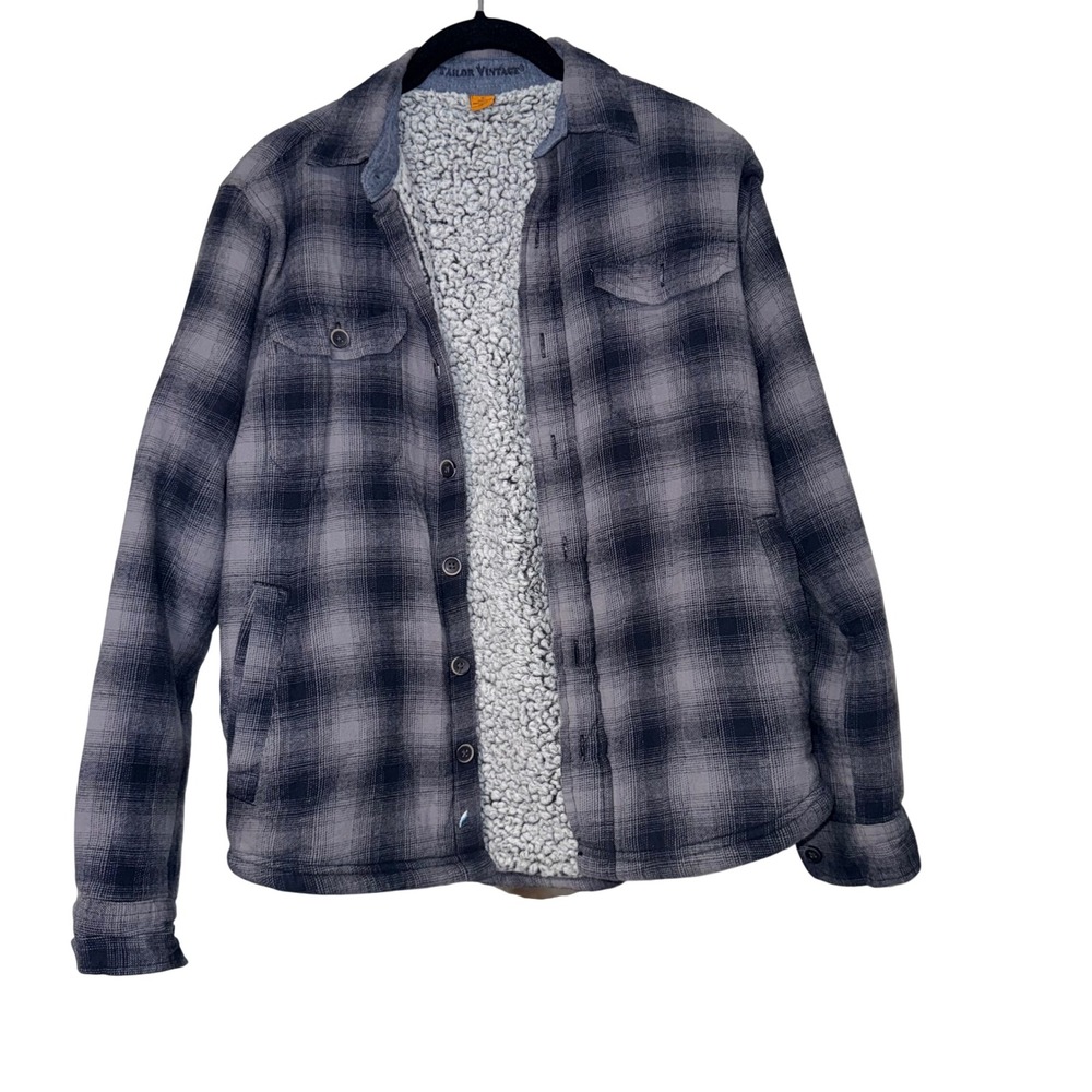 Tailor Vintage Sherpa Lined Flannel Shirt Jacket Mens Small Grey Black Cotton